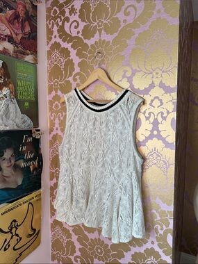 Free people White Lace Sleeveless Tank with Black-Trim Neckline size large
